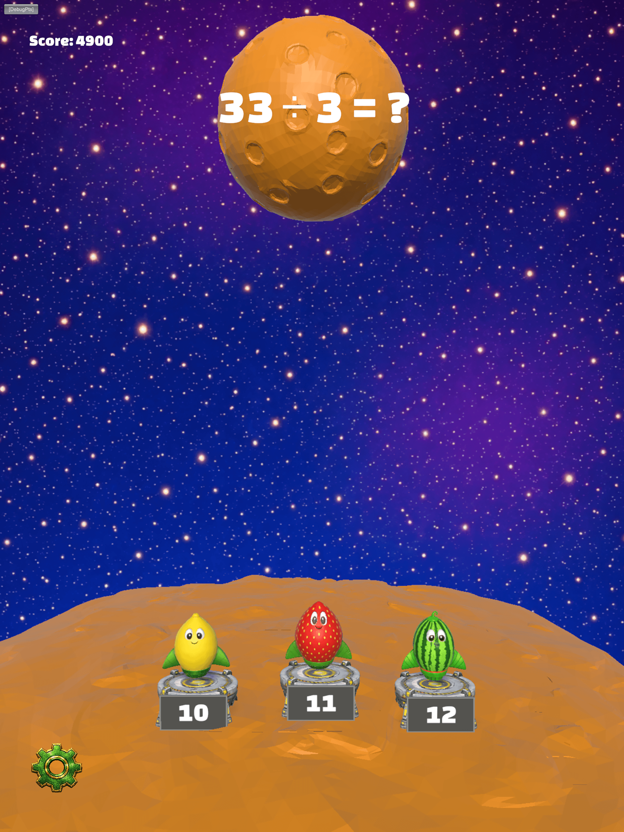 Gameplay screen showing 33 ÷ 3 division problem with fruit rockets