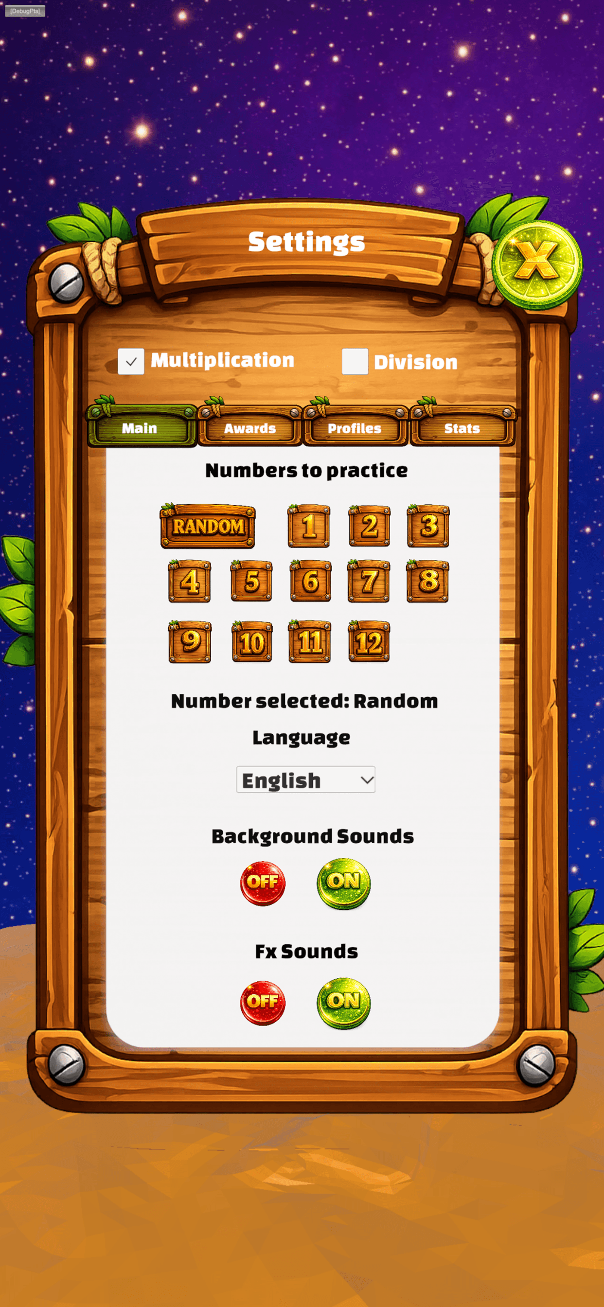 Settings screen showing number selection for multiplication and division practice