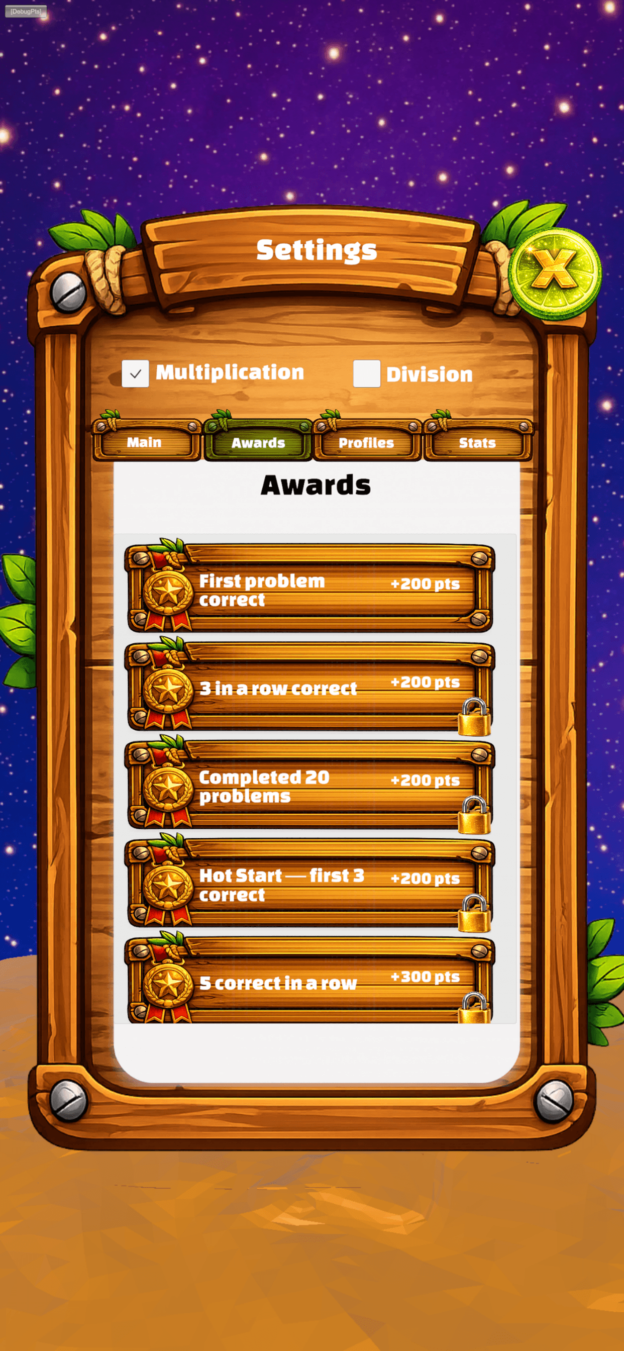 Awards screen listing achievements and point values