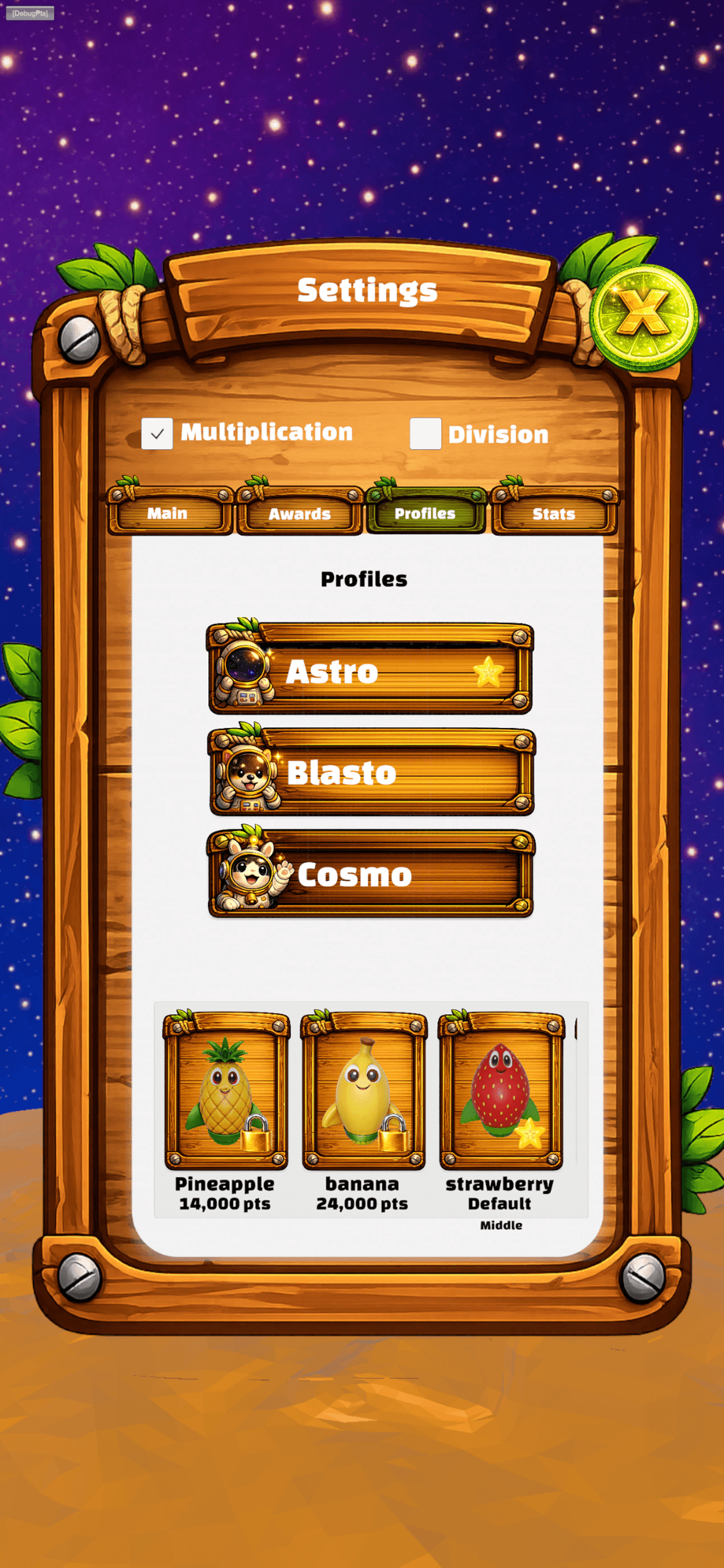 Profiles screen showing three player profiles with names and point totals