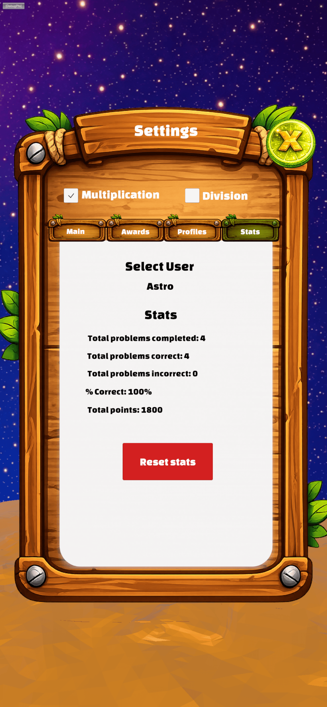 Stats screen showing total problems, correct answers, and total points for a user