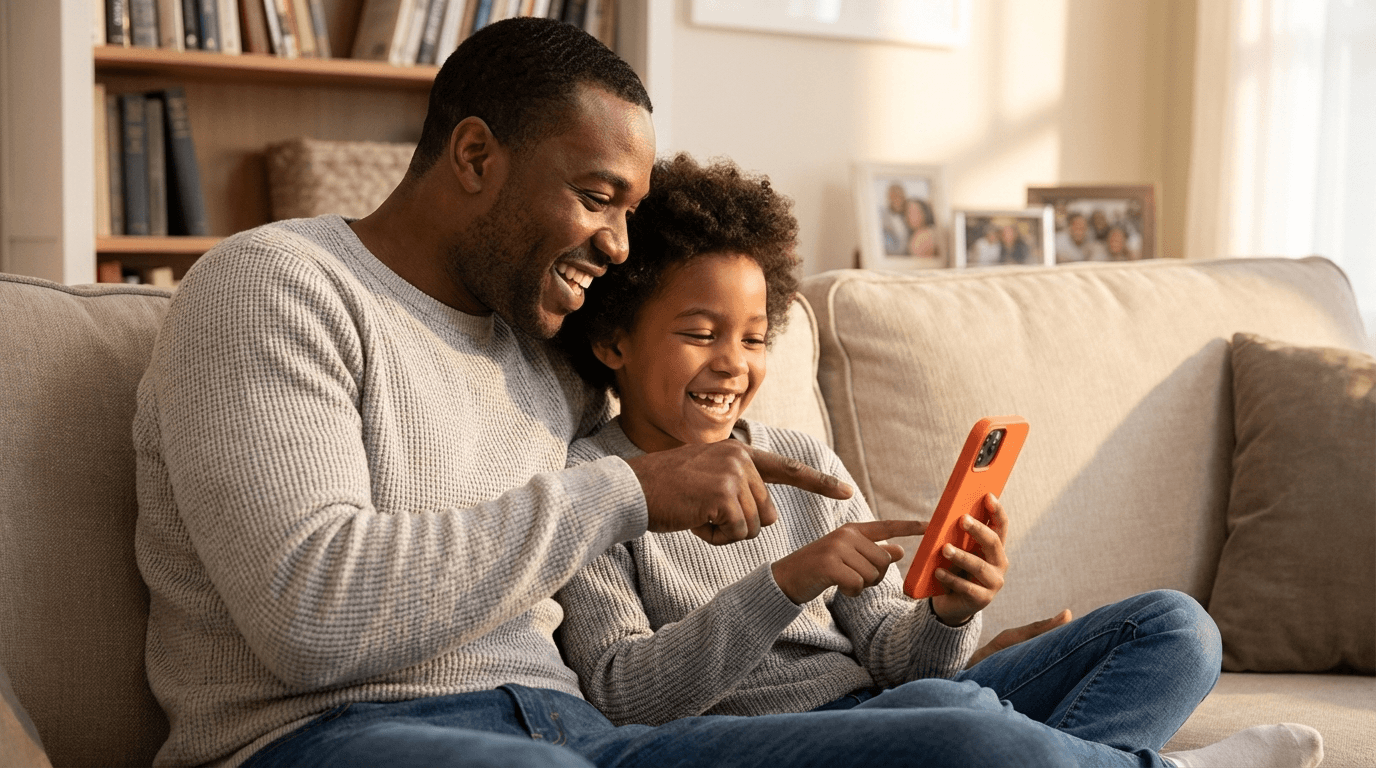 Dad and young son sitting together on a couch looking at an educational app on a phone