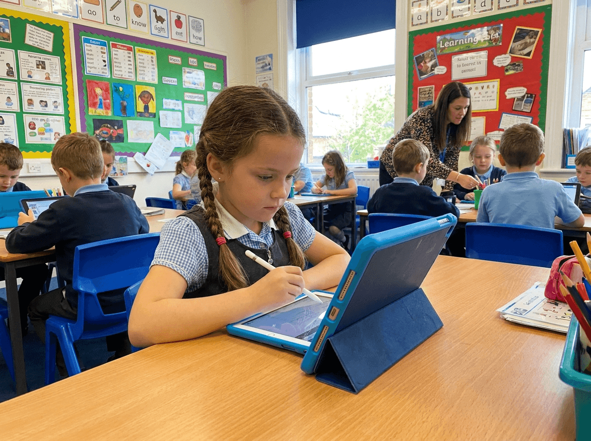 Elementary school girl using an iPad with an Apple Pencil during a classroom lesson, with a teacher helping students in the background