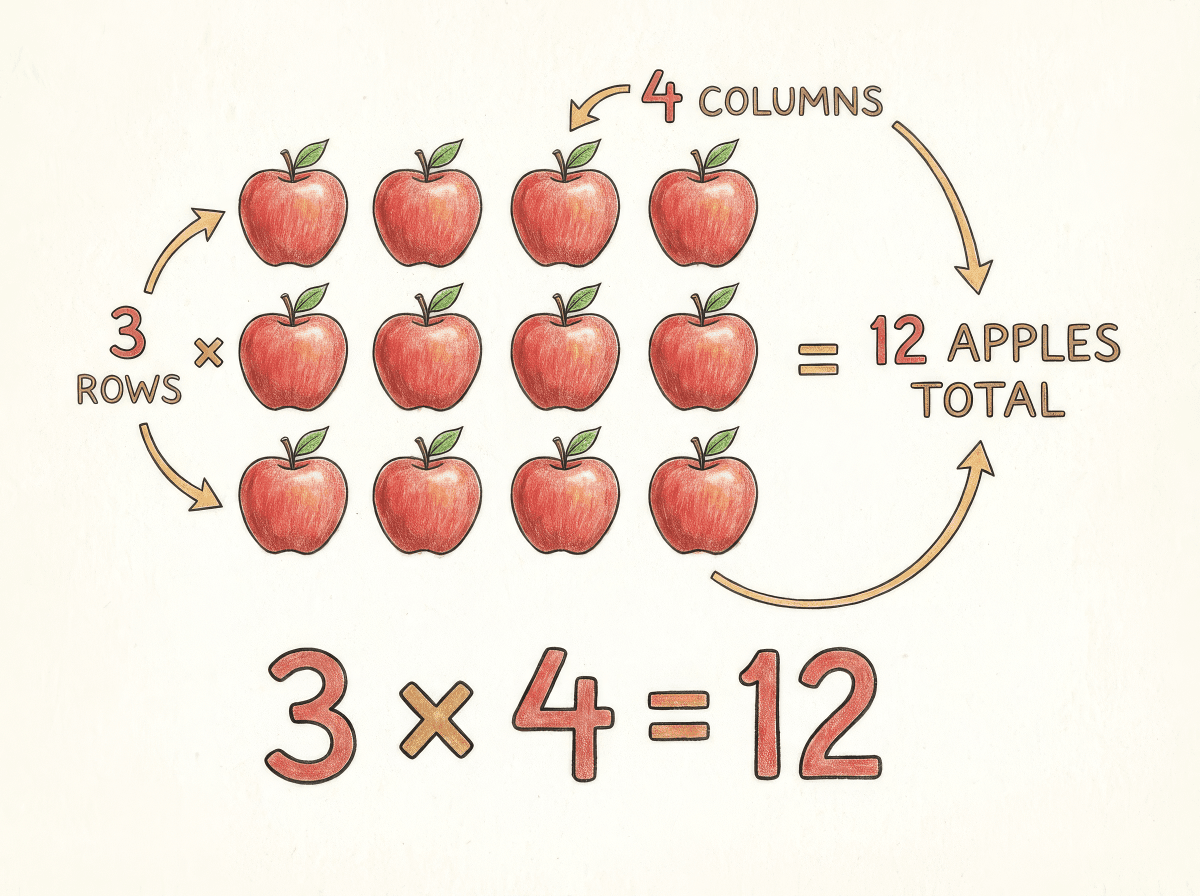 Illustrated array of 12 apples arranged in 3 rows and 4 columns showing 3 × 4 = 12