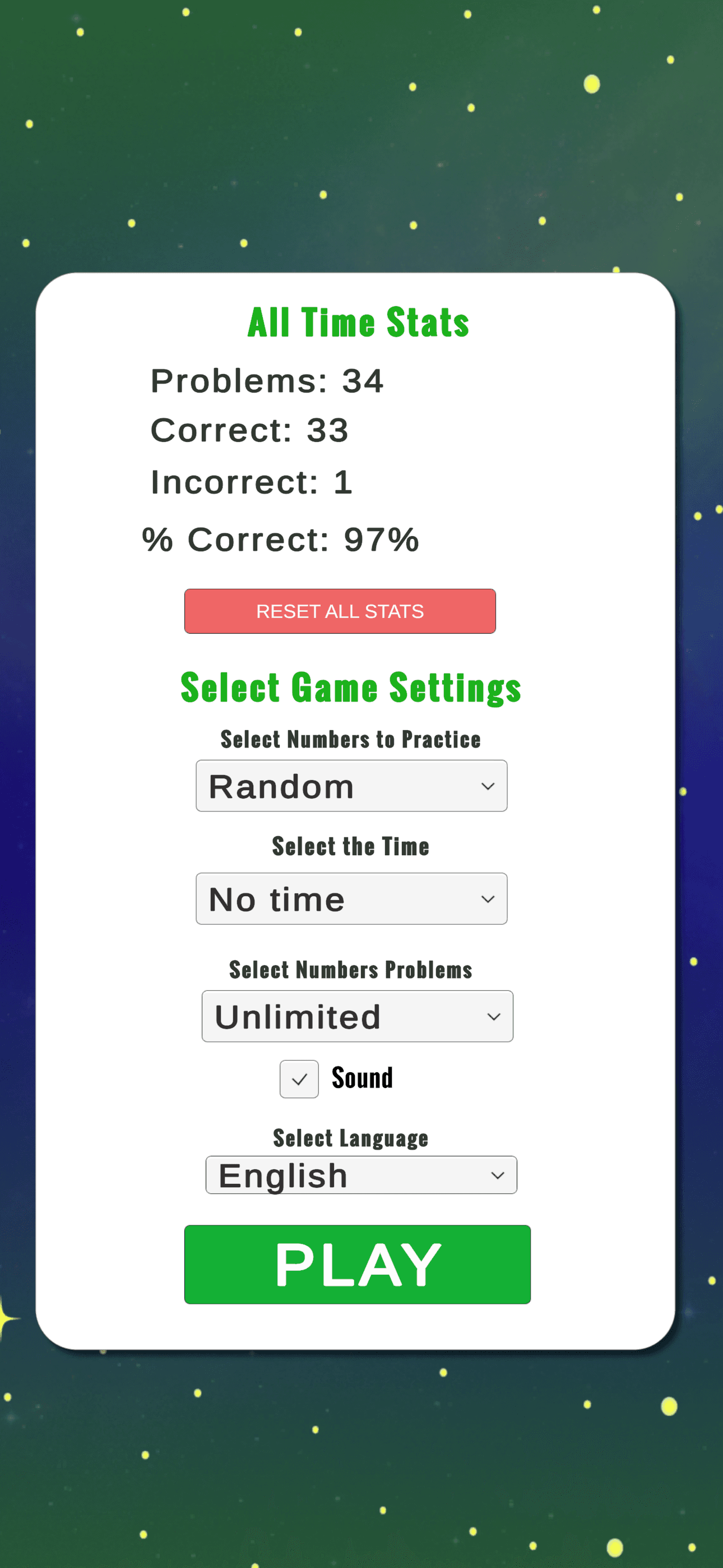 Time to Multiply settings screen showing language and sound options with a Play button
