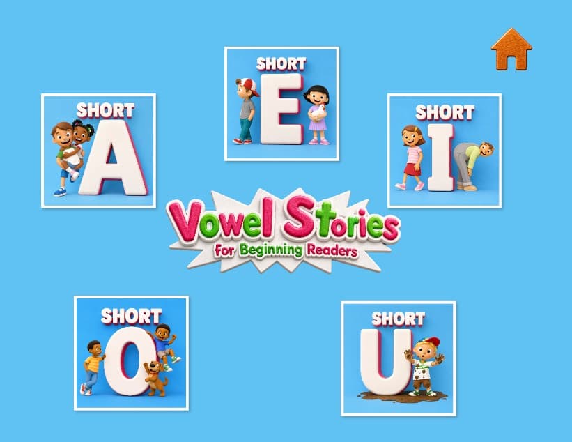 Short Vowels story menu — Short A, E, I, O, and U