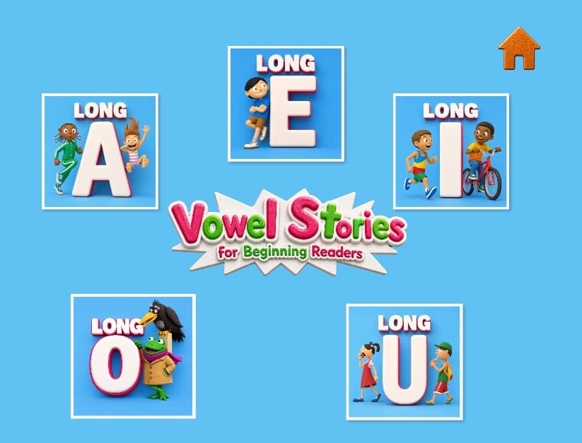 Long Vowels story menu — Long A, E, I, O, and U
