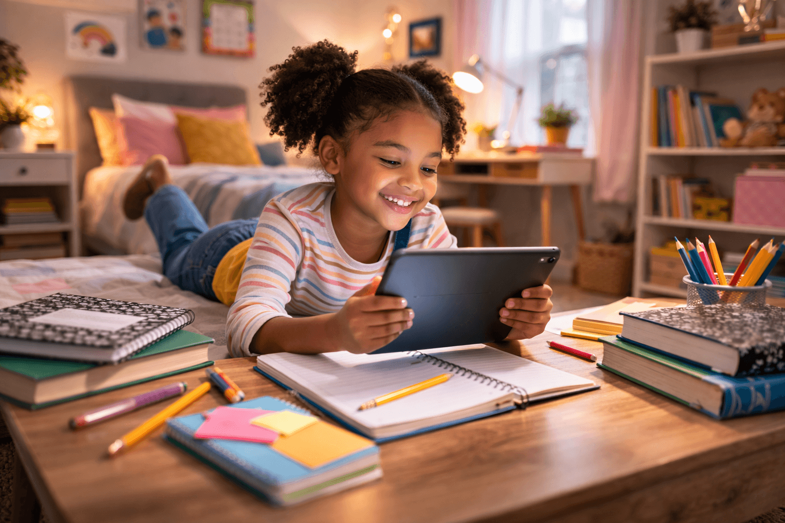 Child happily using an educational app on a tablet