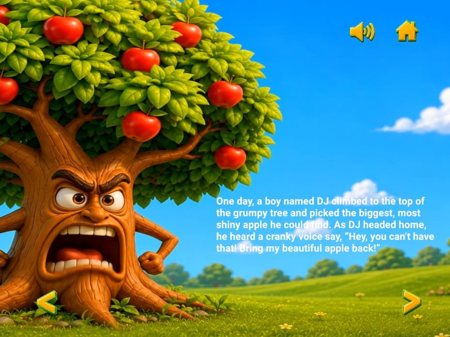 The grumpy apple tree confronts DJ after he picks its shiniest apple