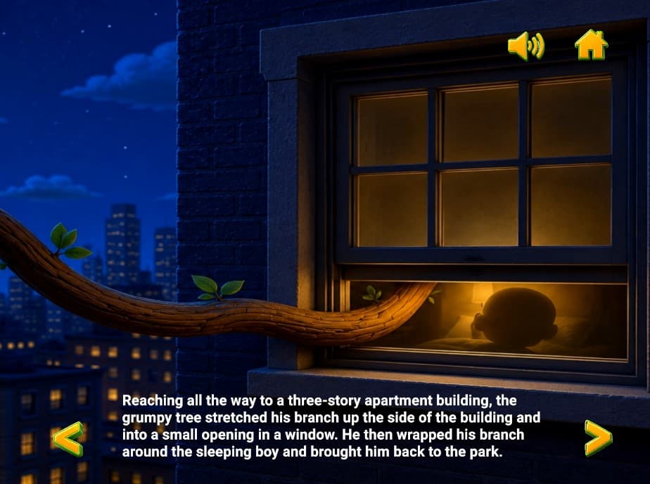 The grumpy tree's branch reaches into a city window to bring DJ back to the park