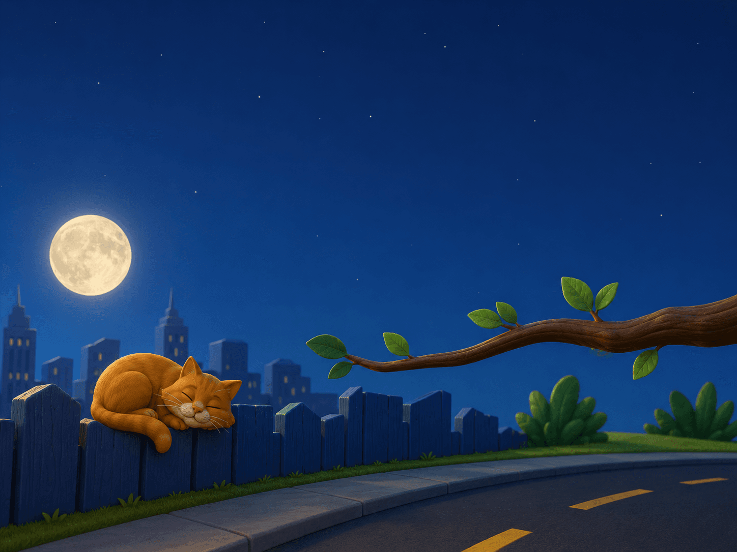 A sleeping cat rests on a fence beneath a full moon and the grumpy tree's branch