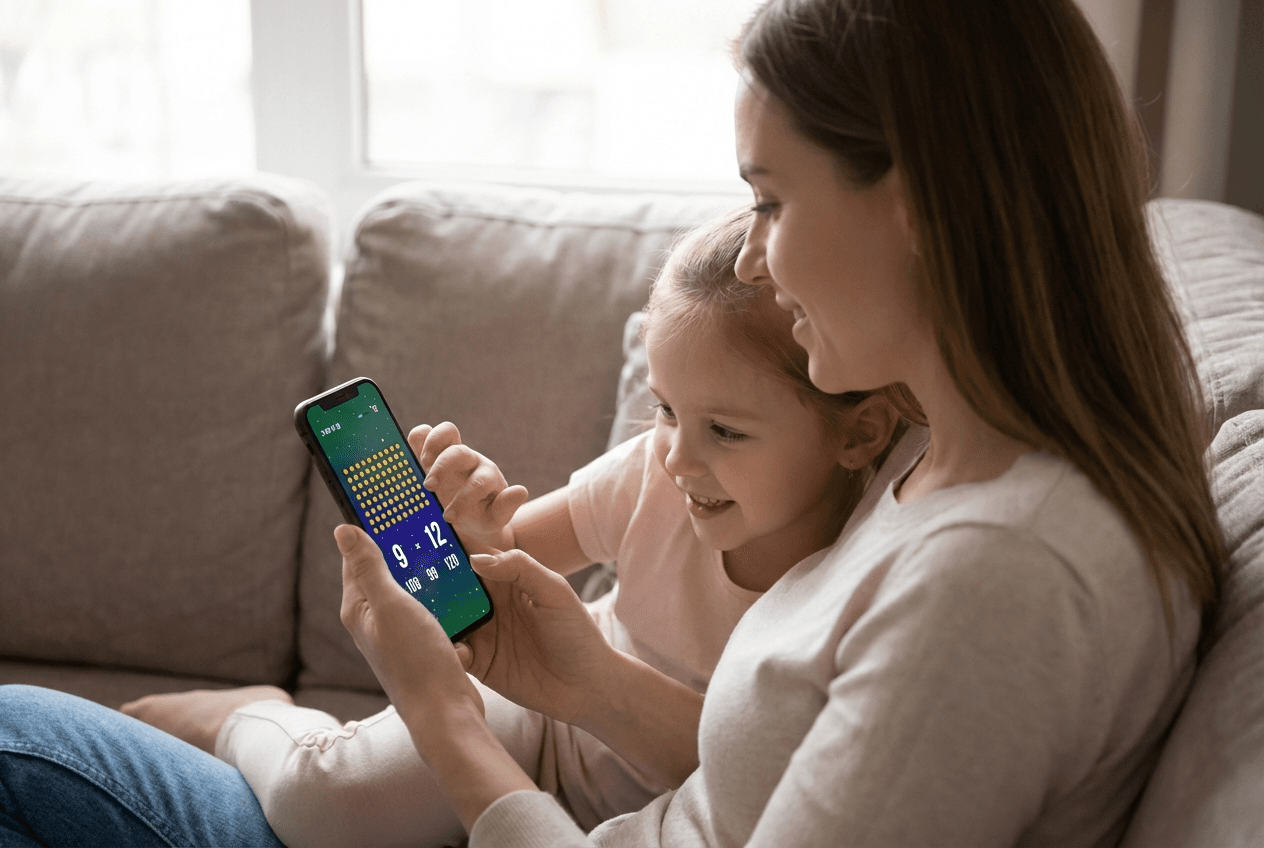 Mother and young daughter using the Time to Multiply app together on a phone