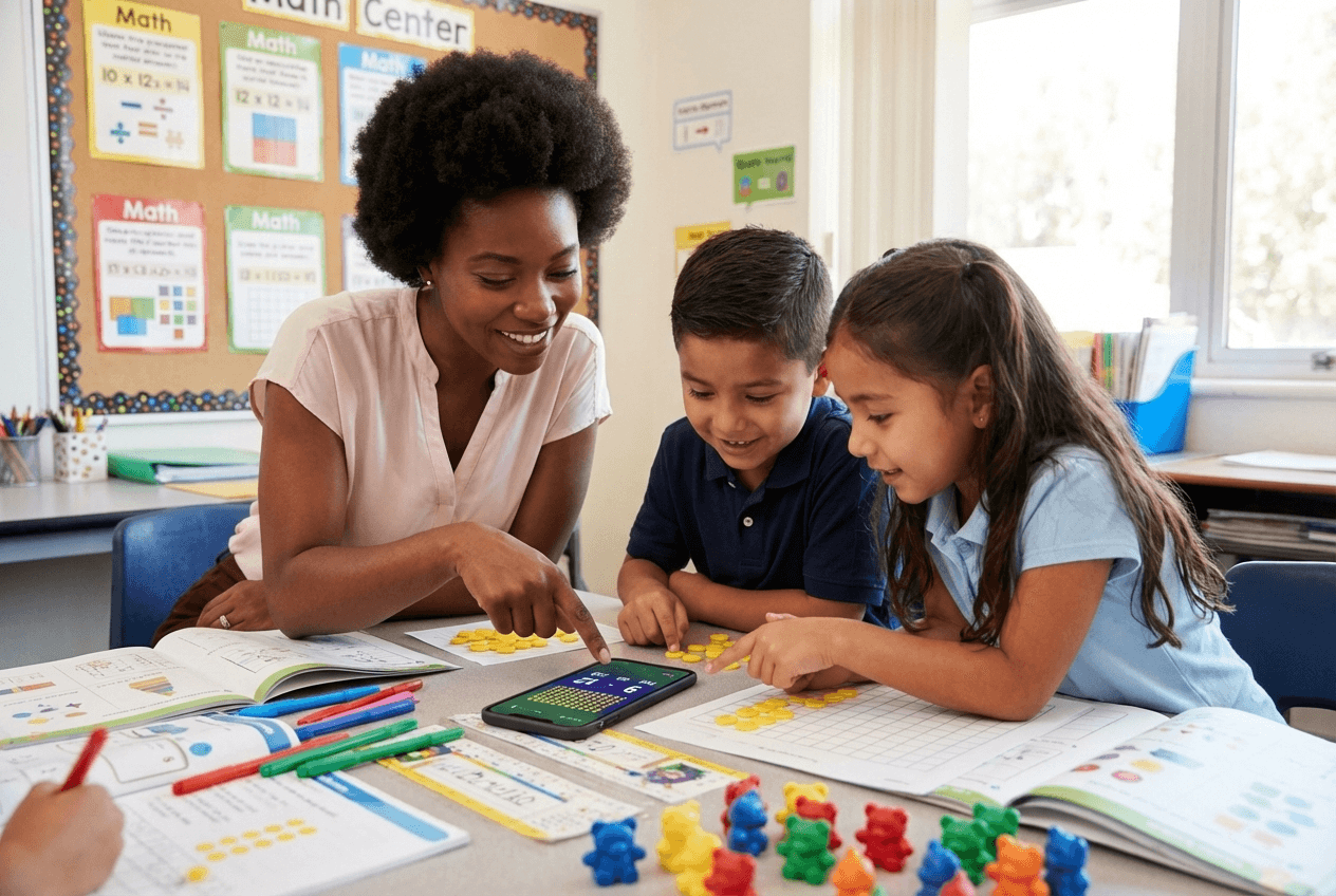 Elementary school teacher working with two students at a math center